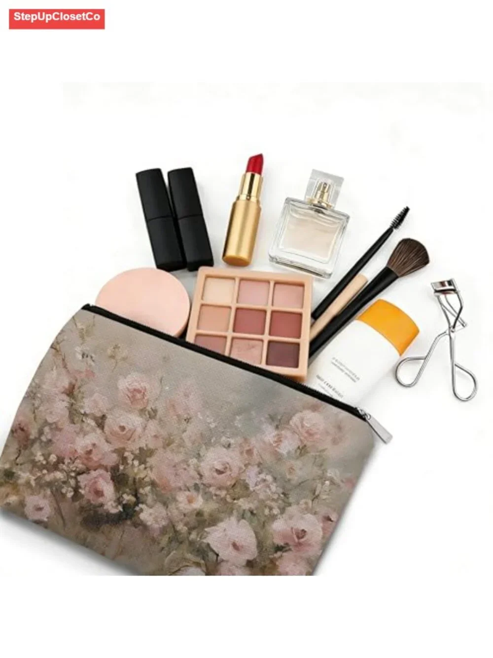 Vintage Floral Makeup Bag Linen Canvas Zipper Pouch